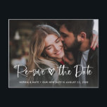 Two Photo | White Heart and Script Change the Date Announcement Postcard<br><div class="desc">This whimsical and modern wedding change the date postcard features two of your favourite personal photos, with trendy white rustic handwritten script and a small, stylish heart and says "re-save the date." The back contains a second photo with a translucent overlay, and more of your wedding details and information. A...</div>