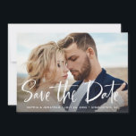 Two Photo with Modern Script Save The Date<br><div class="desc">This whimsical and elegant save the date card features two of your favourite personal photos,  with trendy white handwritten script on the front,  and all of your wedding information on the back. A simple and modern look that will fit perfectly with your style!</div>