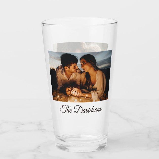 Two Photos and Personalised Script 16oz Pint Glass (Front)