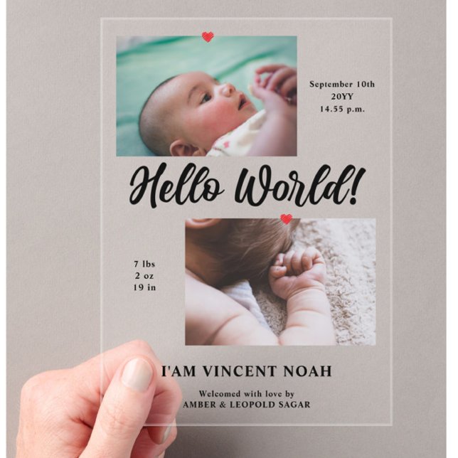 Two Photos Boy Birth Announcement Acrylic Card (Creator Uploaded)
