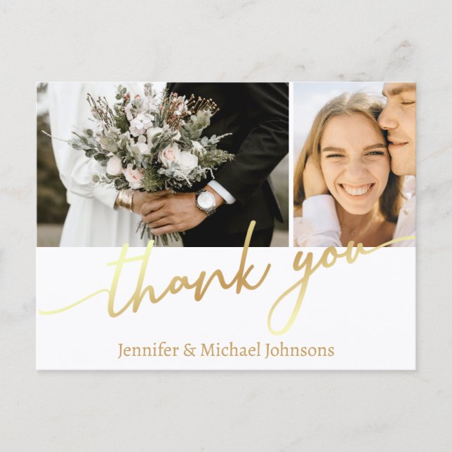 two photos collage gold script thank you,wedding  postcard (Front)