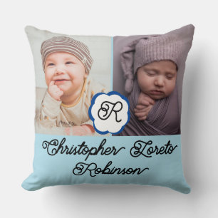 Two Photos & Complete name & Monogram Baby boy Cushion