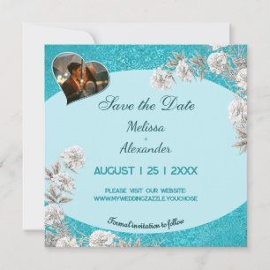 Two photos Floral abstract blue elegant wedding Save The Date