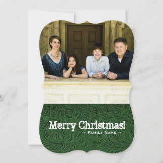 Two Photos Green Tooled Leather Look Holiday Card