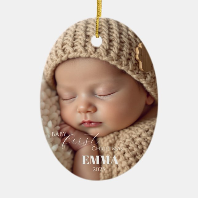 Two Photos Minimalist Baby First Christmas Ceramic Tree Decoration (Front)