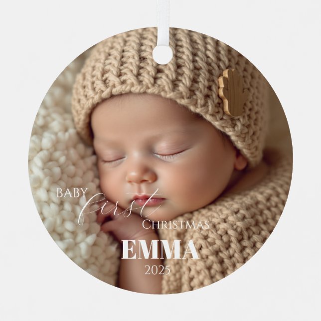 Two Photos Minimalist Baby First Christmas Metal Tree Decoration (Front)