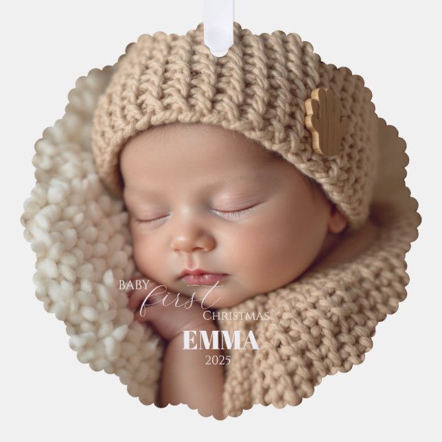 Two Photos Minimalist Baby First Christmas Tree Decoration Card (Front)