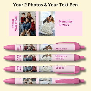TWO Photos, Name Date, your Text on Pink Black Ink Pen