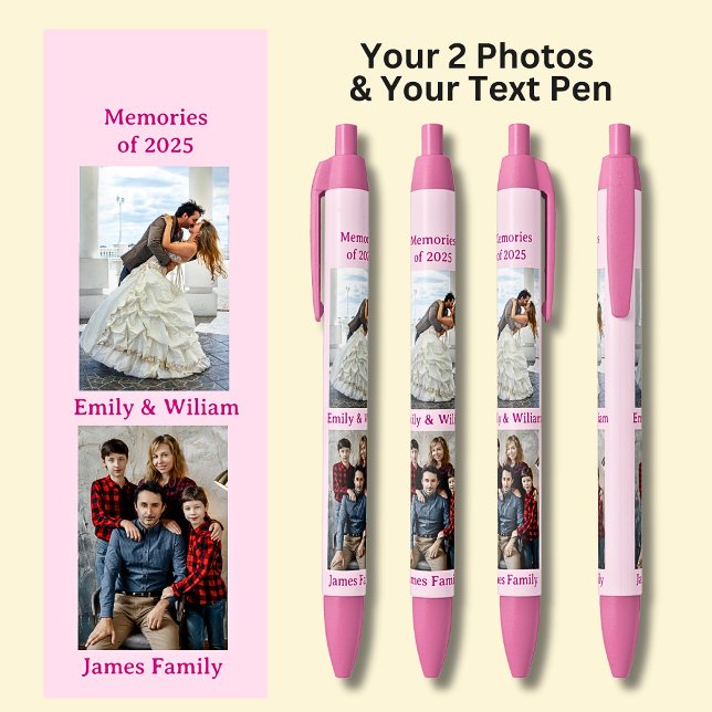 TWO Photos, Name Date, your Text on Pink, Pink Black Ink Pen (Creator Uploaded)