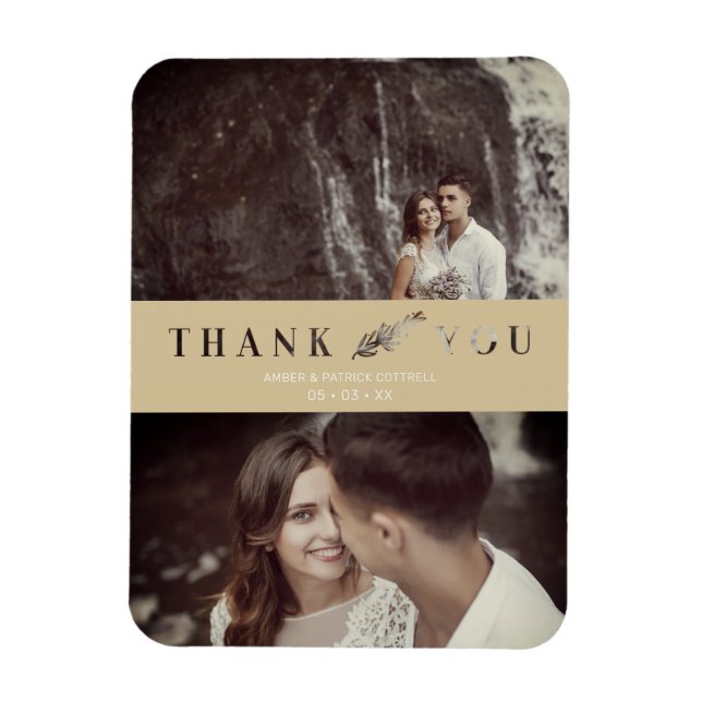 Two Photos Wedding Couple Gold Cut Paper Effect Magnet (Vertical)
