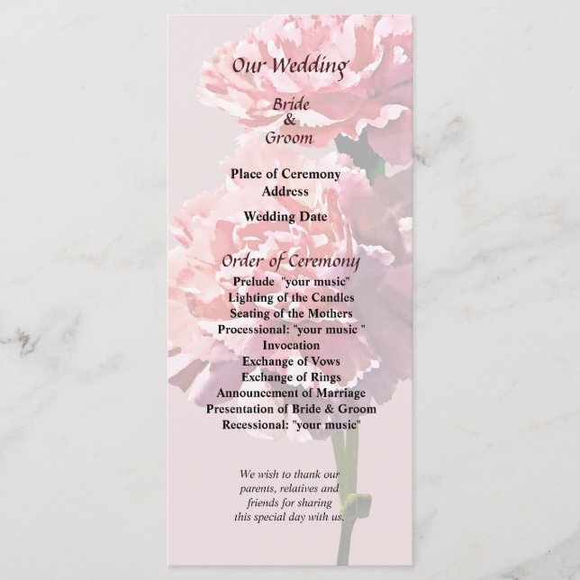 Two Pink Carnations Wedding Program Programme (Front)