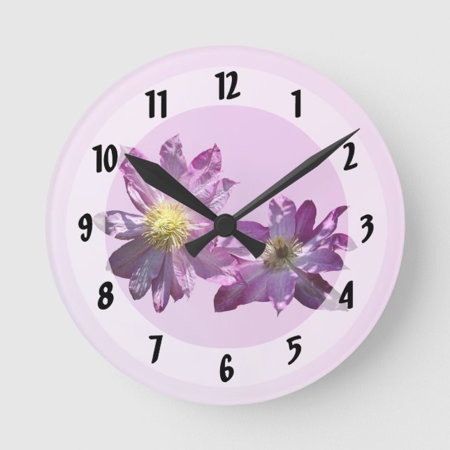 Two Pink Clematis Round Clock (Front)
