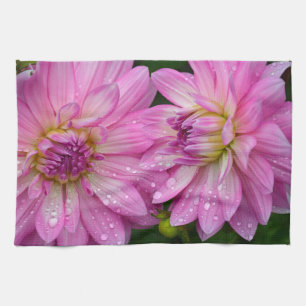 Two pink dahlia flowers tea towel