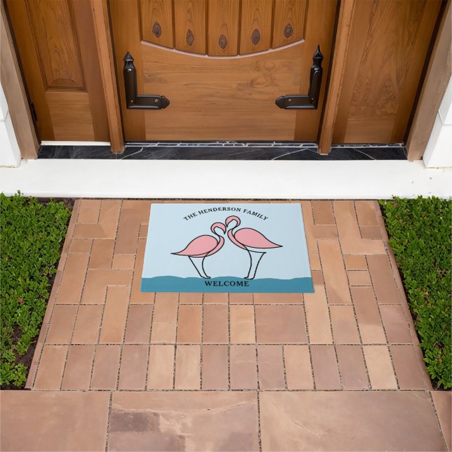 Two Pink Flamingos Family Name Welcome Doormat (Outdoor)