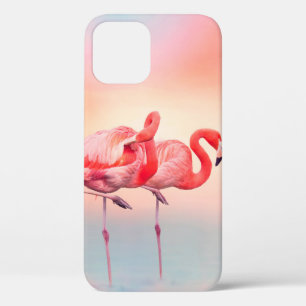 Two Pink flamingos in the water at sunsetflamingo, iPhone 12 Case