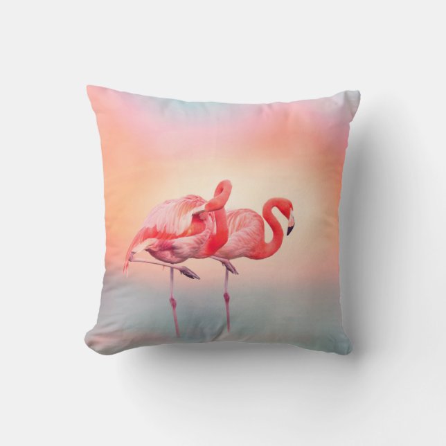 Two Pink flamingos in the water at sunsetflamingo, Cushion (Front)
