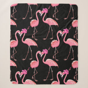 Two pink flamingos on a black background. Seamless Sherpa Blanket