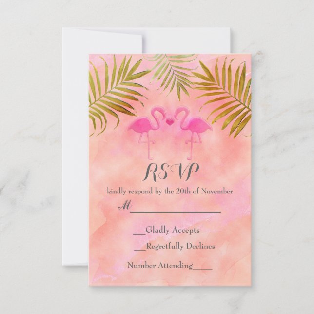 Two Pink Flamingos Watercolor Beach Wedding RSVP Card (Front)