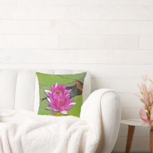 TWO PINK LOTUS BLOSSOMS AMID LILY PADS CUSHION
