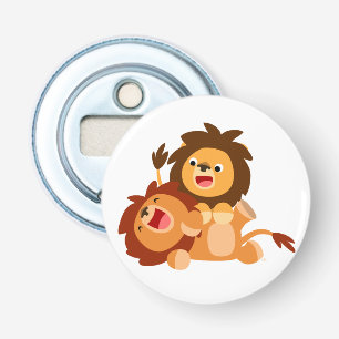 Two Playful Cartoon Lions Button Bottle Opener