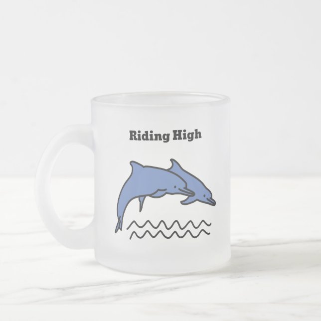 Two Playful Dolphins Surfing the Waves Frosted Glass Coffee Mug (Left)
