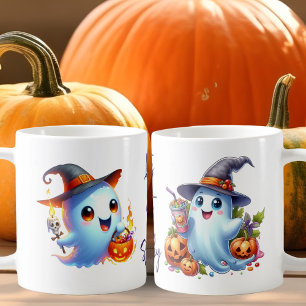 two playful ghosts dressed in witch hat coffee mug
