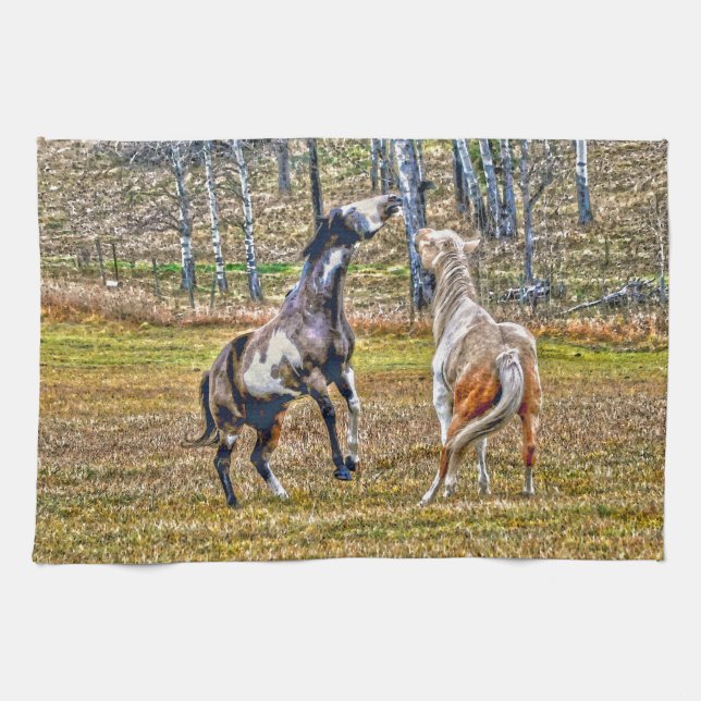 Two Playful Pinto Paint Horses Equine Art Design Tea Towel (Horizontal)