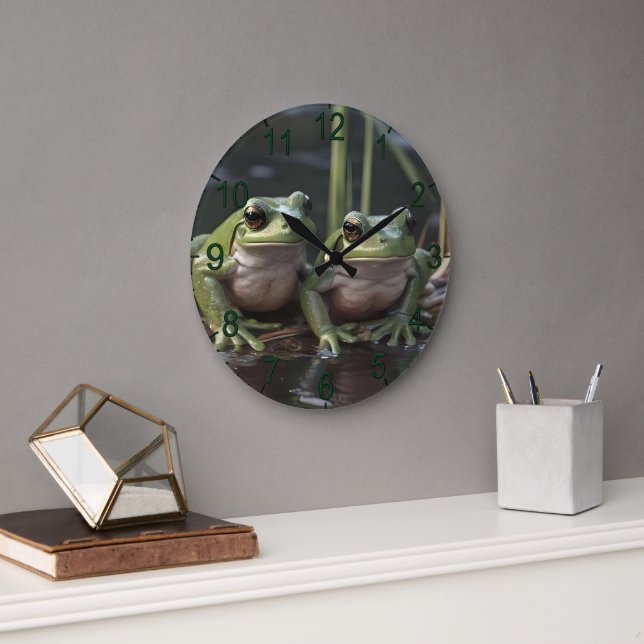 Two Plump Green Frogs At The River, Large Clock (Office)