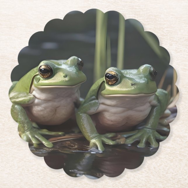 Two Plump Green Frogs At The River, Paper Coaster (Front)