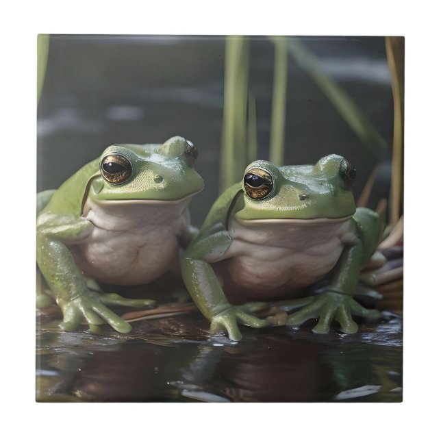 Two Plump Green Frogs At The River, Tile (Front)