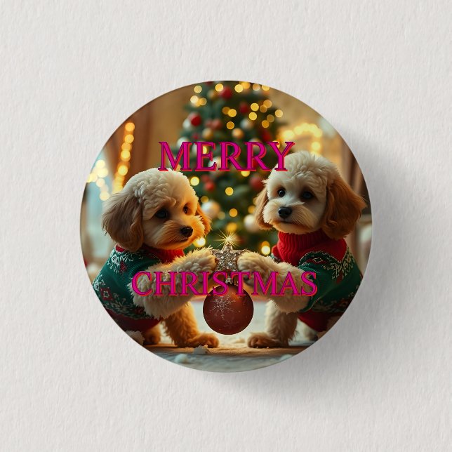 TWO POODLES CELEBRATING CHRISTMAS 3 CM ROUND BADGE (Front)