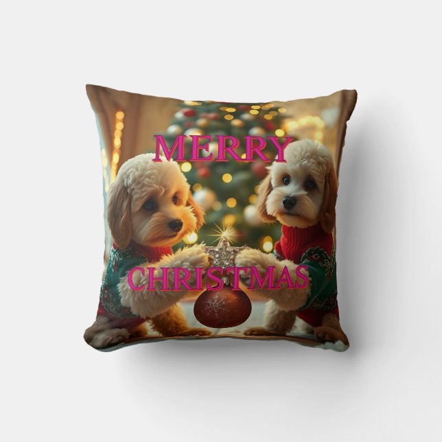 TWO POODLES CELEBRATING CHRISTMAS CUSHION (Front)