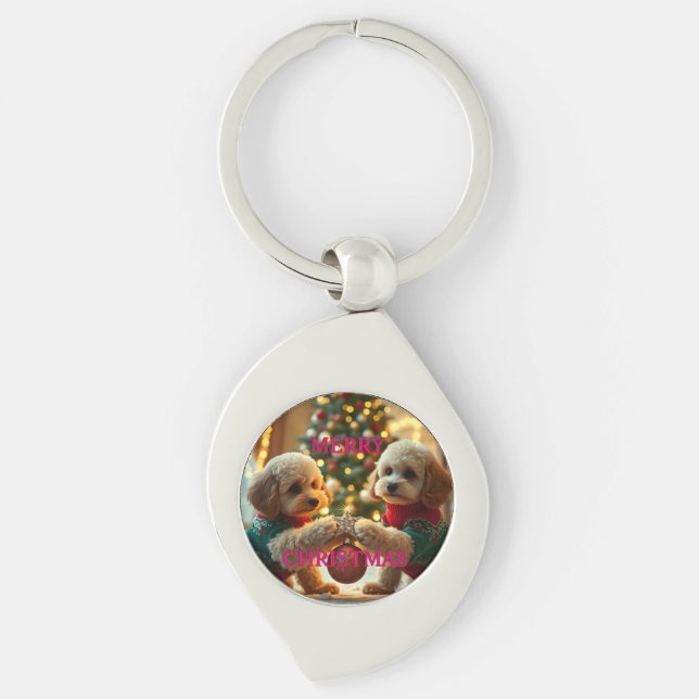 TWO POODLES CELEBRATING CHRISTMAS KEY RING (Front)