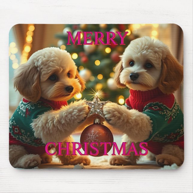 TWO POODLES CELEBRATING CHRISTMAS MOUSE PAD (Front)