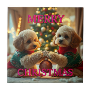 TWO POODLES CELEBRATING CHRISTMAS TILE