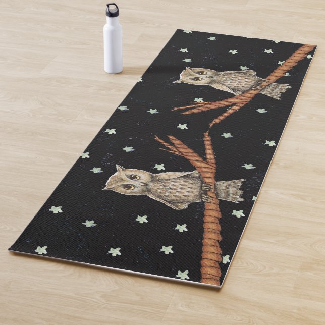 Two Pretty Brown Owls on Branch Blue Necklace Star Yoga Mat (In Situ)