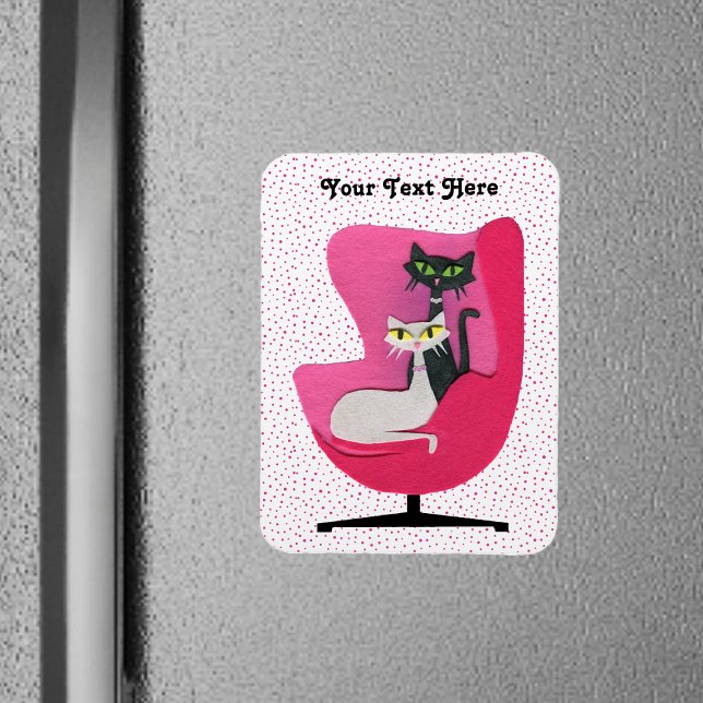 Two Pretty Mid Century Cats Diamond Collars Chair Magnet (PRetty mid century cats diamond collars in pink chair on pink dotted white flexible magnet.)