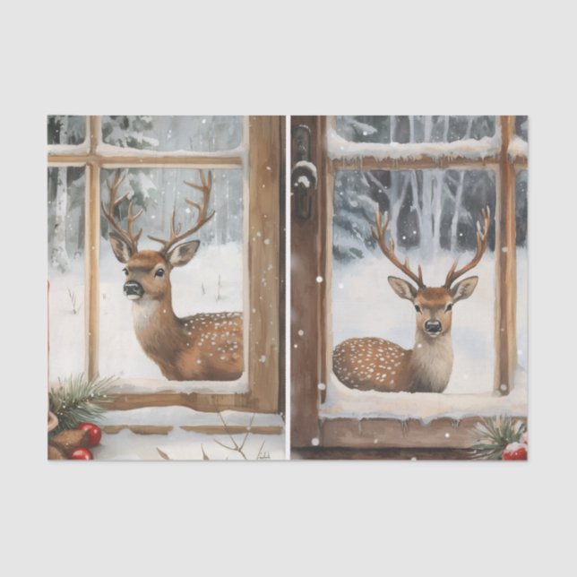 Two Pretty Winter Scenes of Deer in Window Panes Tissue Paper (Front)