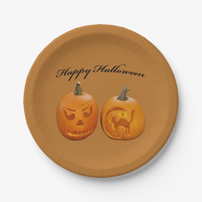 Two Pumpkins Happy Halloween Paper Plate (Front)