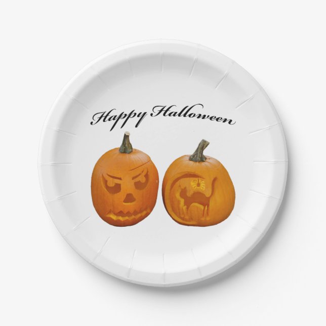 Two Pumpkins Happy Halloween Paper Plate (Front)