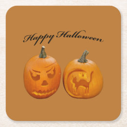 Two Pumpkins Happy Halloween Square Paper Coaster
