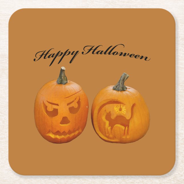 Two Pumpkins Happy Halloween Square Paper Coaster (Front)