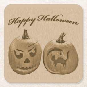 Two Pumpkins Happy Halloween Square Paper Coaster