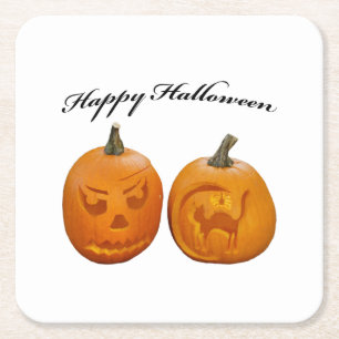 Two Pumpkins Happy Halloween Square Paper Coaster