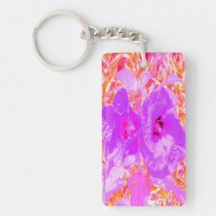 Two Purple and Hot Pink Plum Crazy Hibiscus on Red Key Ring