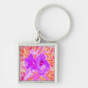 Two Purple and Hot Pink Plum Crazy Hibiscus on Red Key Ring