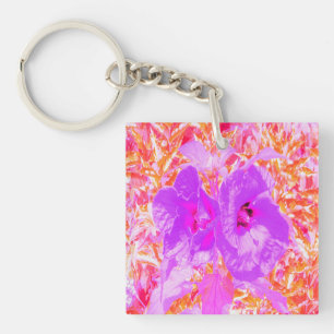Two Purple and Hot Pink Plum Crazy Hibiscus on Red Key Ring