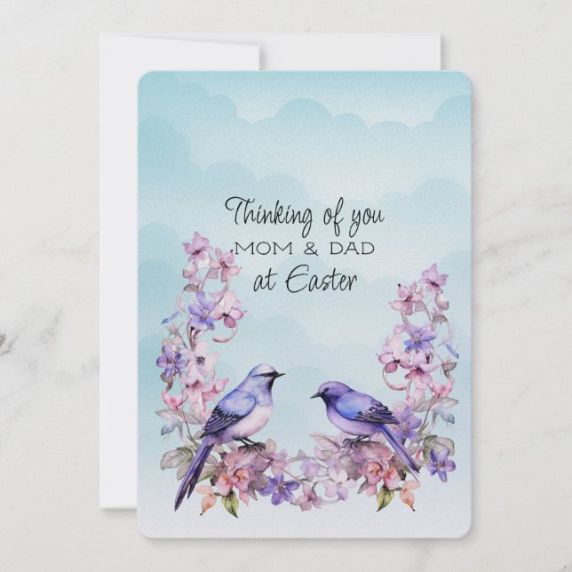 Two Purple Birds Spring Flowers Mum & Dad Easter Holiday Card (Front)