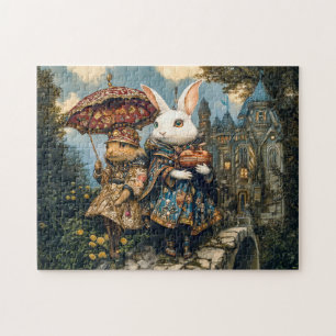 Two Rabbits on a Castle Bridge in Fantasy Scene Jigsaw Puzzle