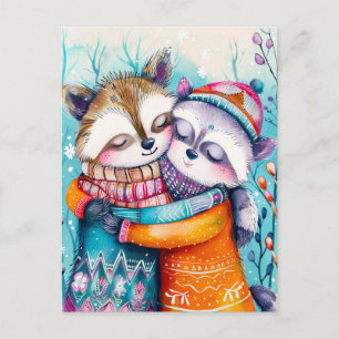 Two Raccoons Hugging in Winter Postcard
